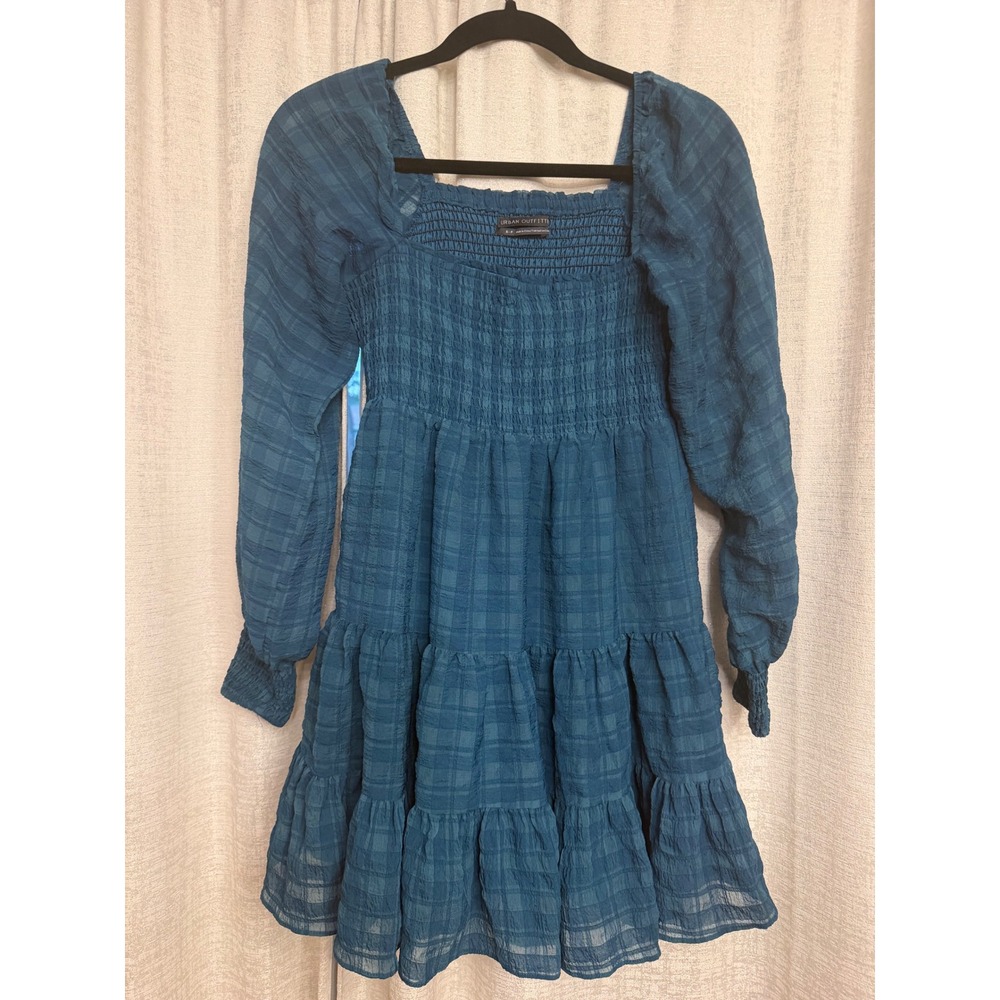 Urban Outfitters Teal Blue Smocked Tiered Mini Dress Long Sleeve Plaid Small